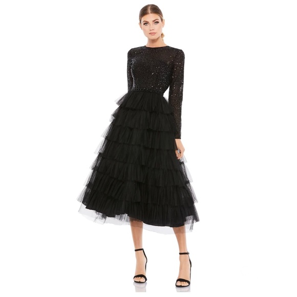 Mac Duggal Black Sequined Long Sleeve Tiered Ruffle Midi Dress - Picture 1 of 7